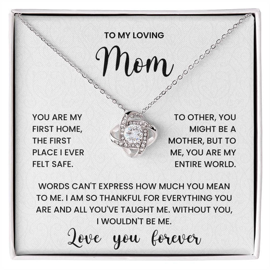 Love Knot Necklace with heartfelt message for mom in a jewelry box, saying "Love you forever"