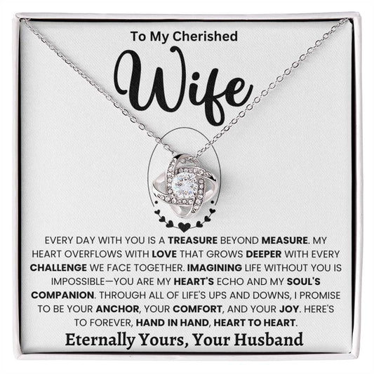 Love Knot Necklace for Wife with sentimental message, featuring cubic zirconia, gift box reading "To My Cherished Wife."