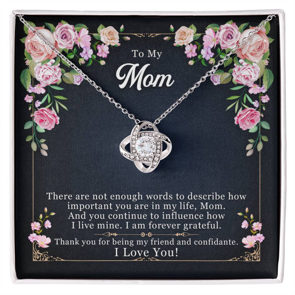 Love Knot Necklace with cubic zirconia crystals in gift box, "To My Mom" message, floral design, perfect Mother's Day gift, 14k white gold