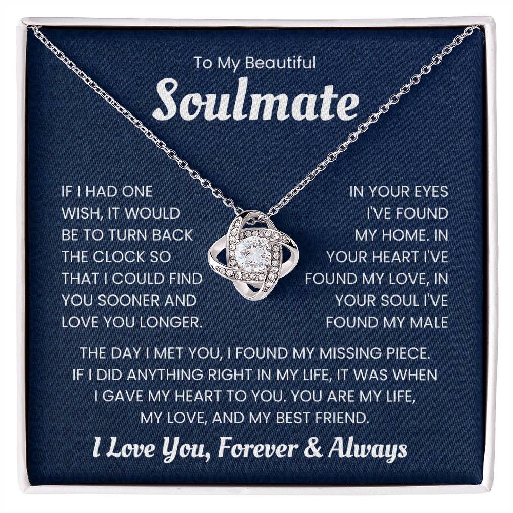 Love Knot Necklace with heartfelt message for soulmate on a navy blue background