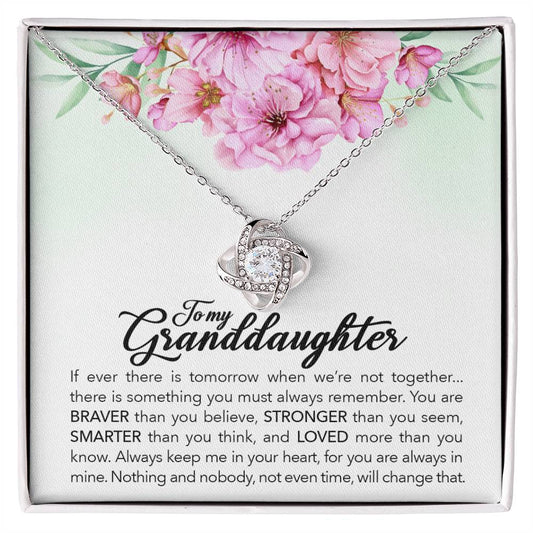 Love Knot Necklace for Granddaughter with cubic zirconia and message card, perfect gift representing unbreakable bond between two souls