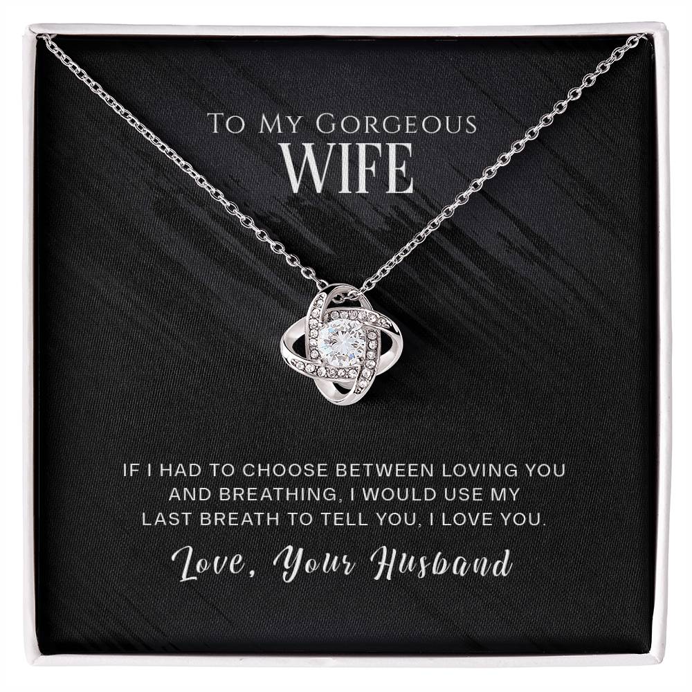 Love Knot Necklace for Wife in White Gold with Cubic Zirconia on Card Saying "I Love You, Love Your Husband"