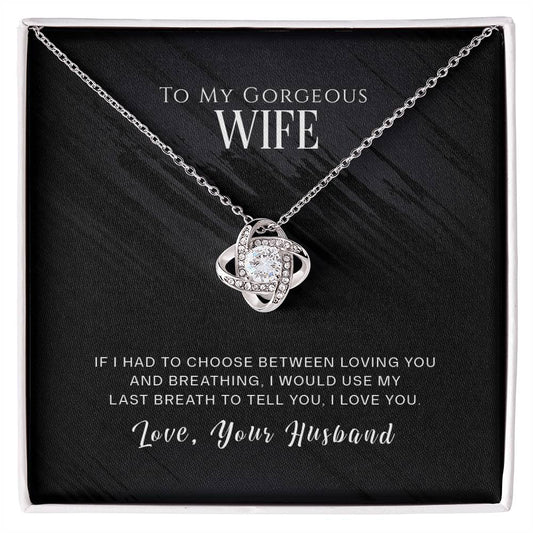 Love Knot Necklace for Wife in White Gold with Cubic Zirconia on Card Saying "I Love You, Love Your Husband"