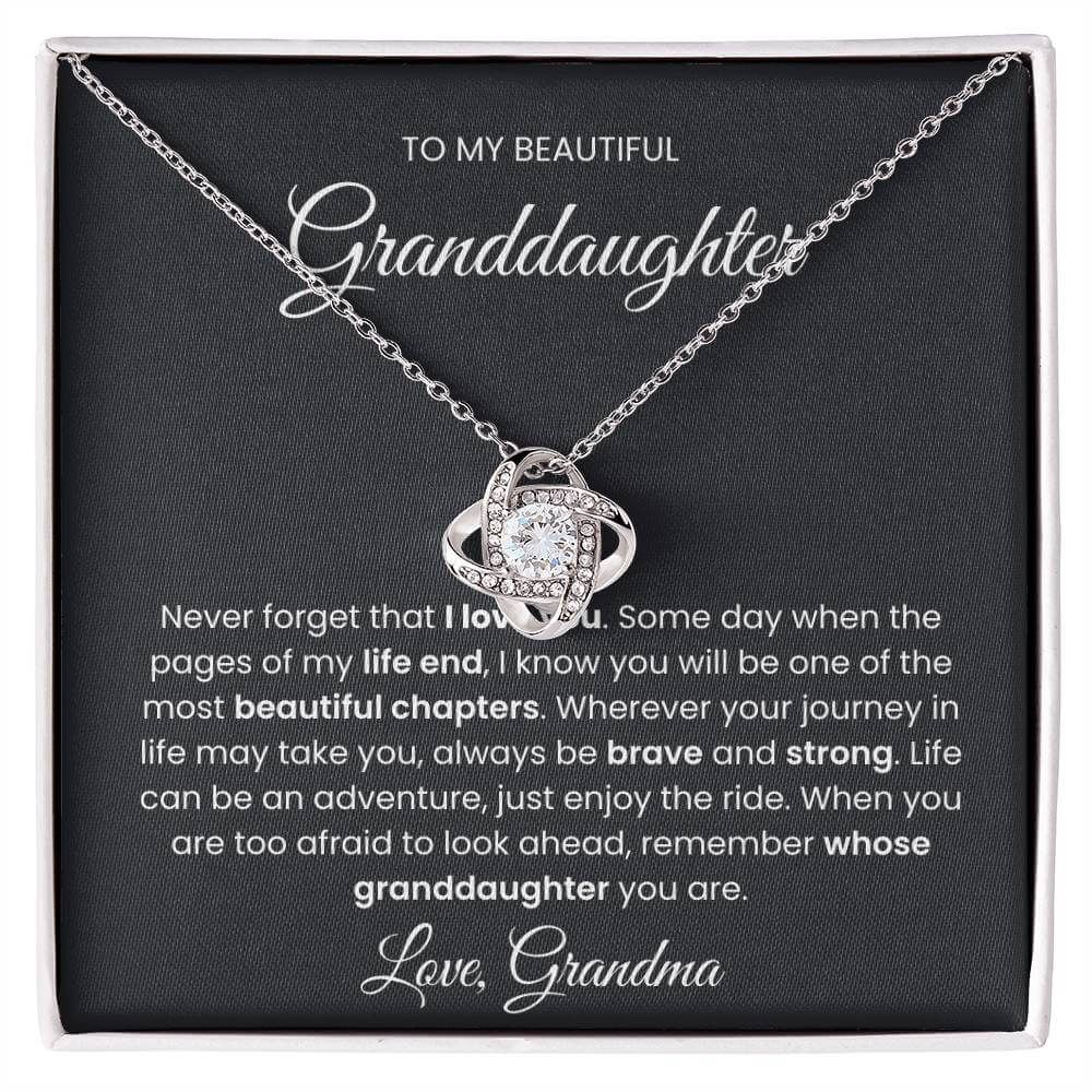 Love knot necklace gift for granddaughter, sentimental message from grandma, elegant pendant design, keepsake jewelry with heartfelt note