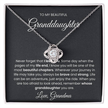 Love knot necklace gift for granddaughter, sentimental message from grandma, elegant pendant design, keepsake jewelry with heartfelt note