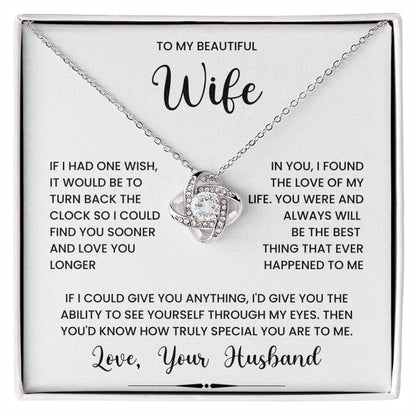 Love Knot Necklace for Wife with heartfelt message in a gift box - perfect anniversary or birthday gift from husband to wife