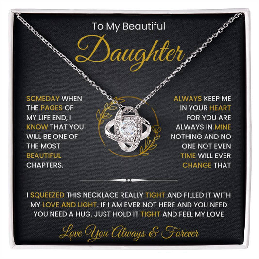 To My Beautiful Daughter Necklace with Love Knot Pendant, Gift for Daughter from Dad and Mom, 14k White Gold Over Stainless Steel