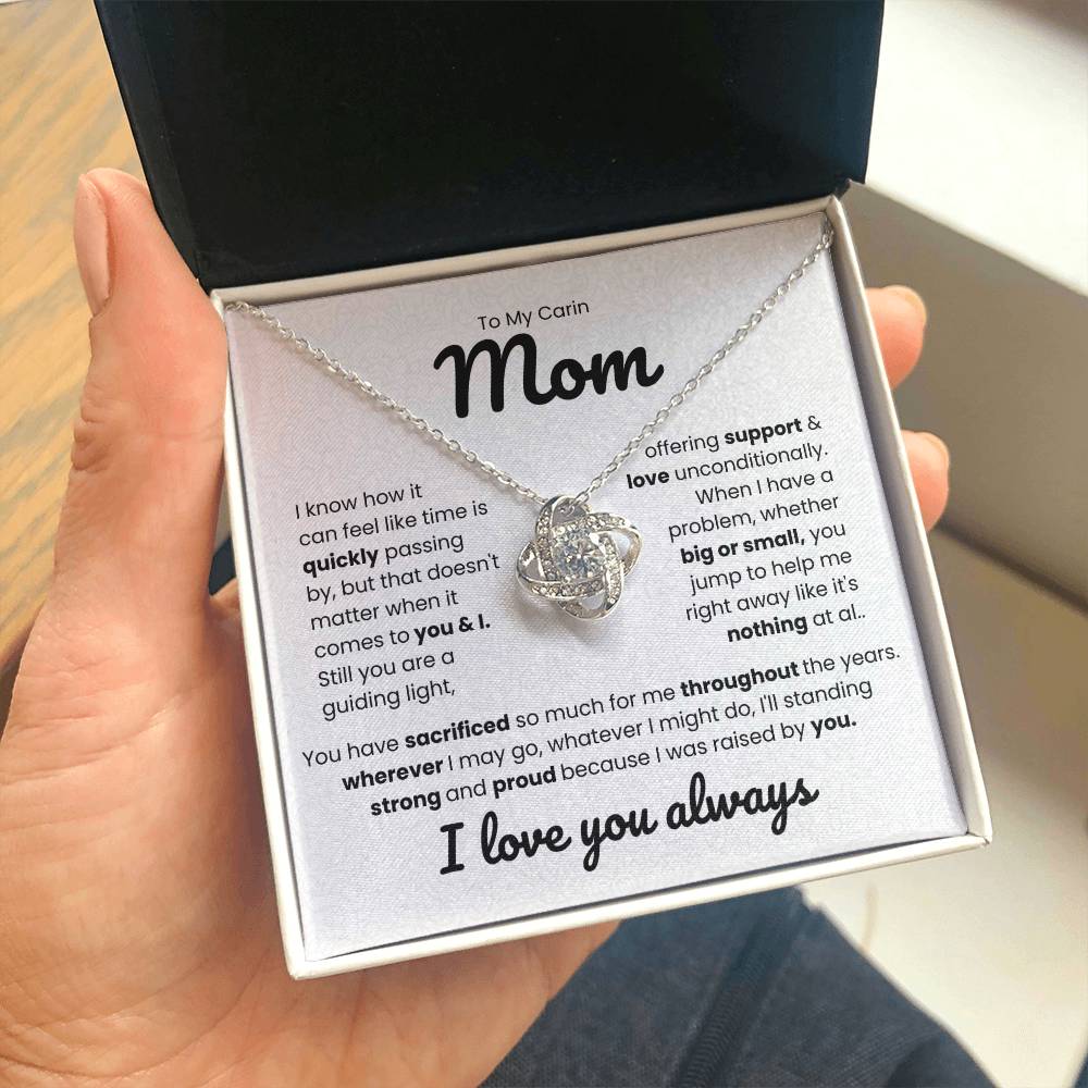 Love Knot Necklace gift with heartfelt message for Mom in a box, expressing unconditional support and love, perfect for Mother's Day.