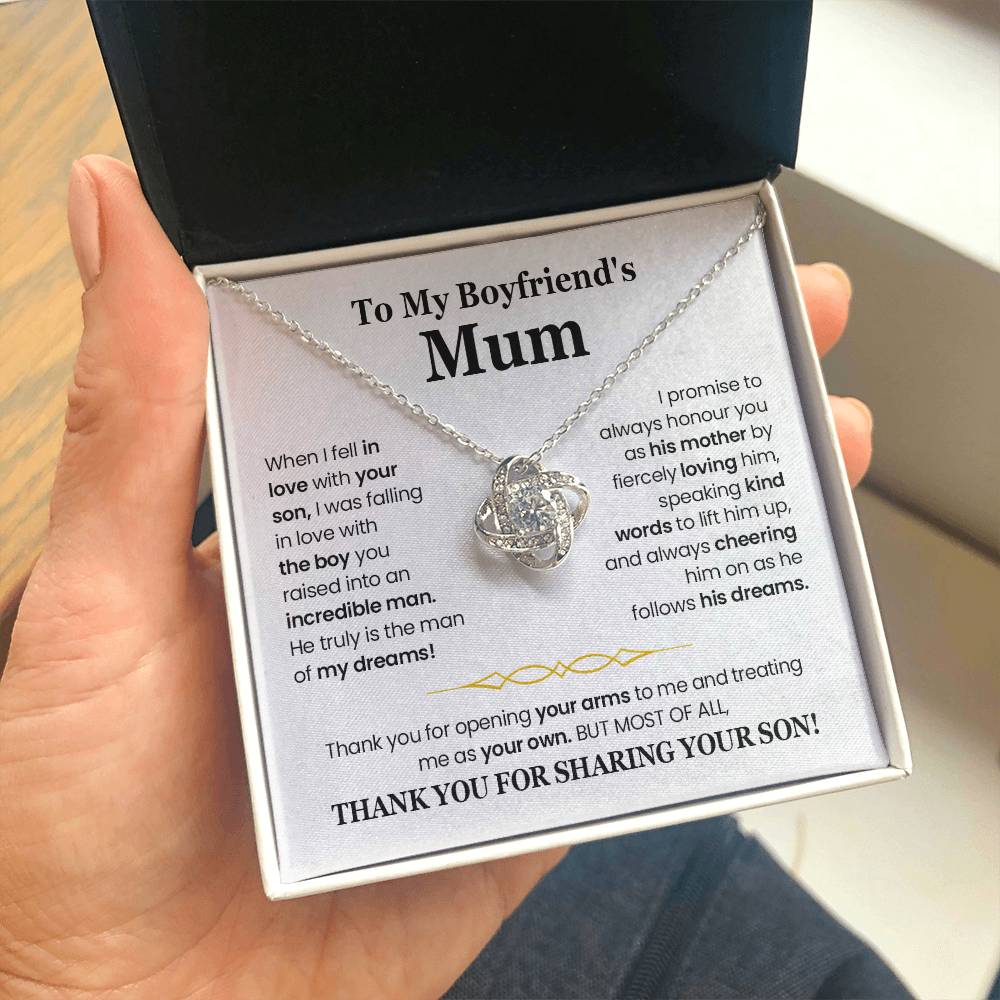 Love Knot Necklace presented in a gift box for Boyfriend's Mum with heartfelt message and premium cubic zirconia embellishments.