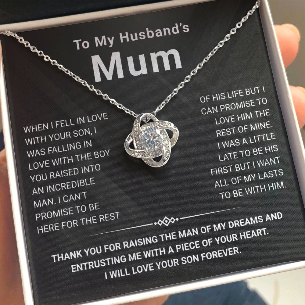 Love Knot Necklace for husband's mum, featuring a cubic zirconia pendant in a presentation box with heartfelt message.