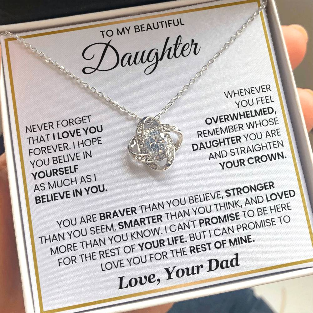 Love Knot Necklace for Daughter with meaningful message card, featuring cubic zirconia crystals and options in 14k white or 18k yellow gold.