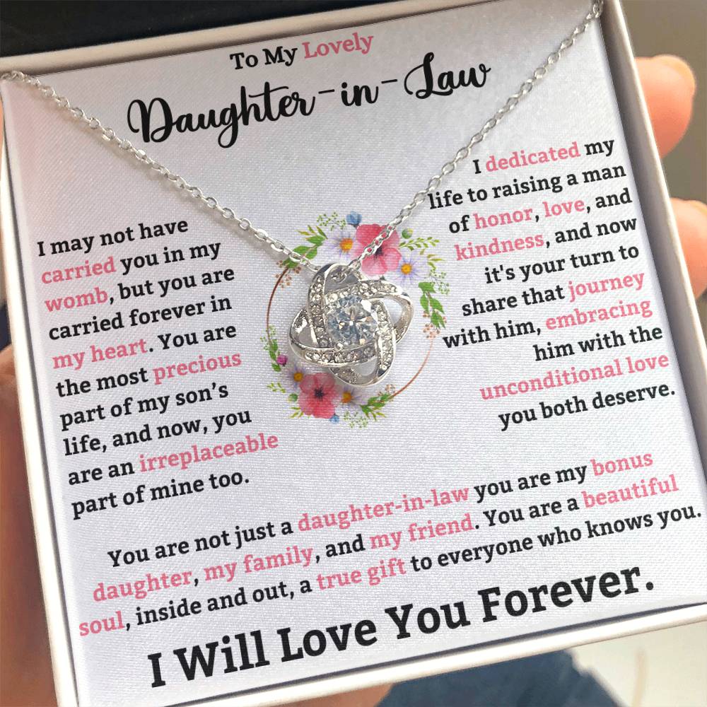 Love Knot Necklace gift for daughter-in-law with heartfelt message card and floral design, symbolizing an unbreakable bond between two souls