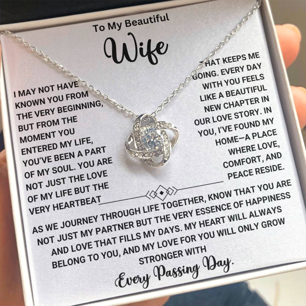 Love knot necklace in gift box with heartfelt message for wife, "You've Been a Part of My Soul"