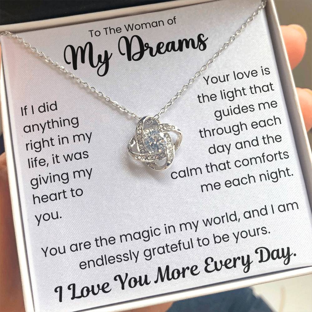 Love Knot Necklace in gift box with romantic message for wife, featuring cubic zirconia crystals and 14k white gold over stainless steel.