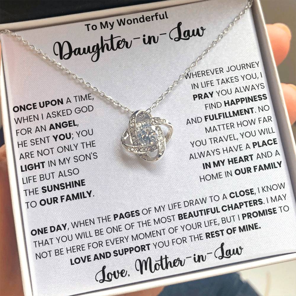 To My Wonderful Daughter-in-Law Love Knot Necklace with cubic zirconia crystals and heartfelt message from a mother-in-law.