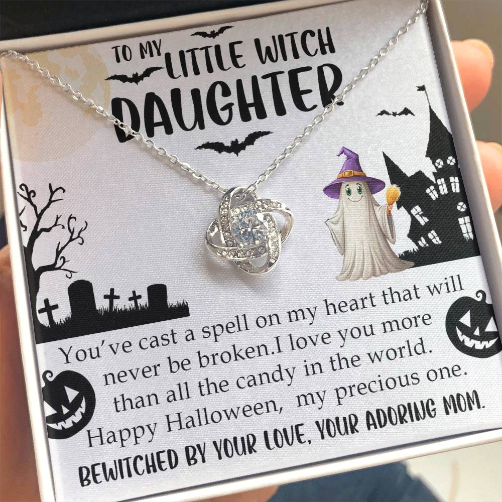 Love Knot Necklace with Halloween-themed message card for daughter, featuring a ghost and bat design, perfect Halloween gift.