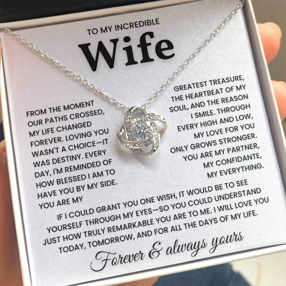 Elegant necklace for wife with heartfelt message about love and commitment displayed in gift box.