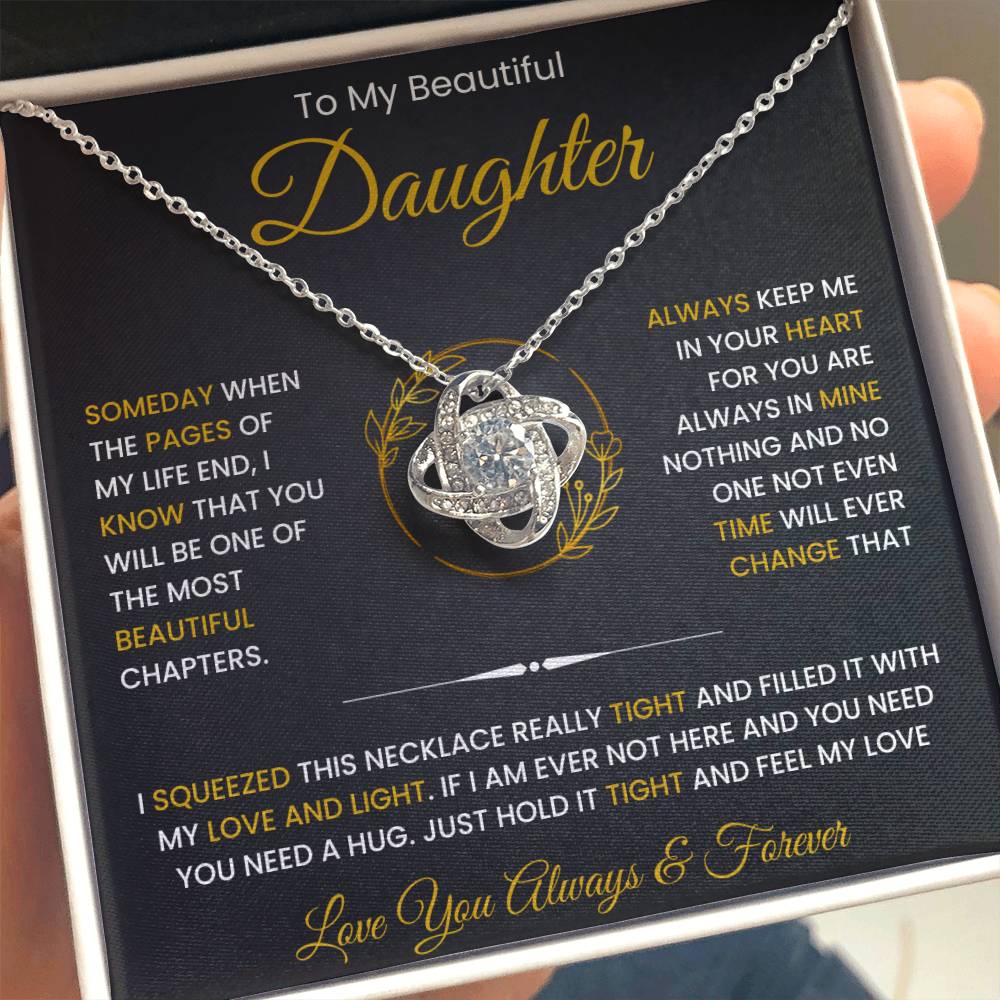 "To My Beautiful Daughter Necklace with Love Knot Pendant in gift box with heartfelt message from parents"