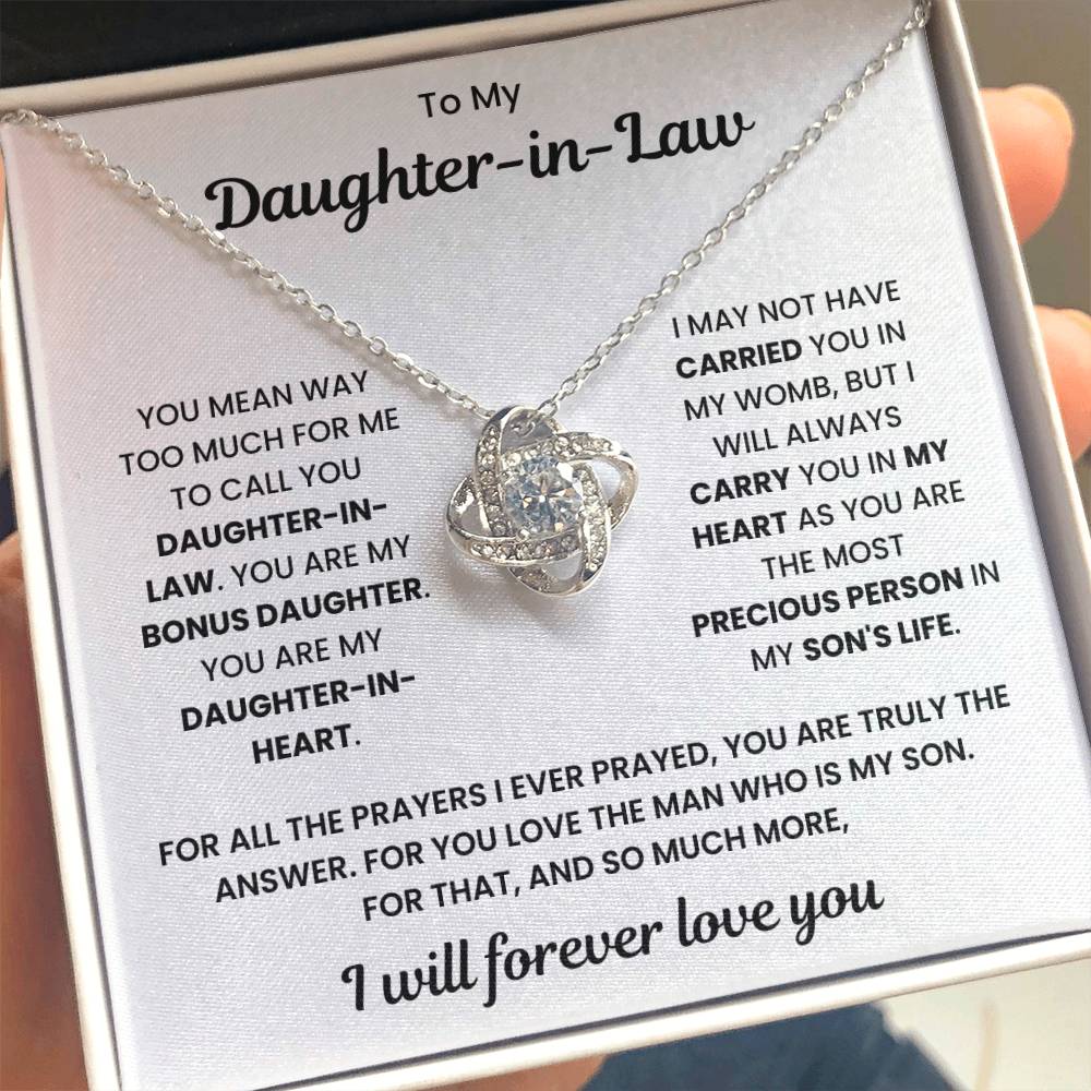 Love Knot Necklace with heartfelt message to daughter-in-law expressing love and admiration, perfect gift, 50% off with free shipping.