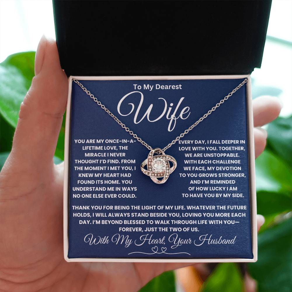 Love Knot Necklace gift for wife, unbreakable bond, cubic zirconia, 14k white gold, heartfelt message card from husband, perfect anniversary gift