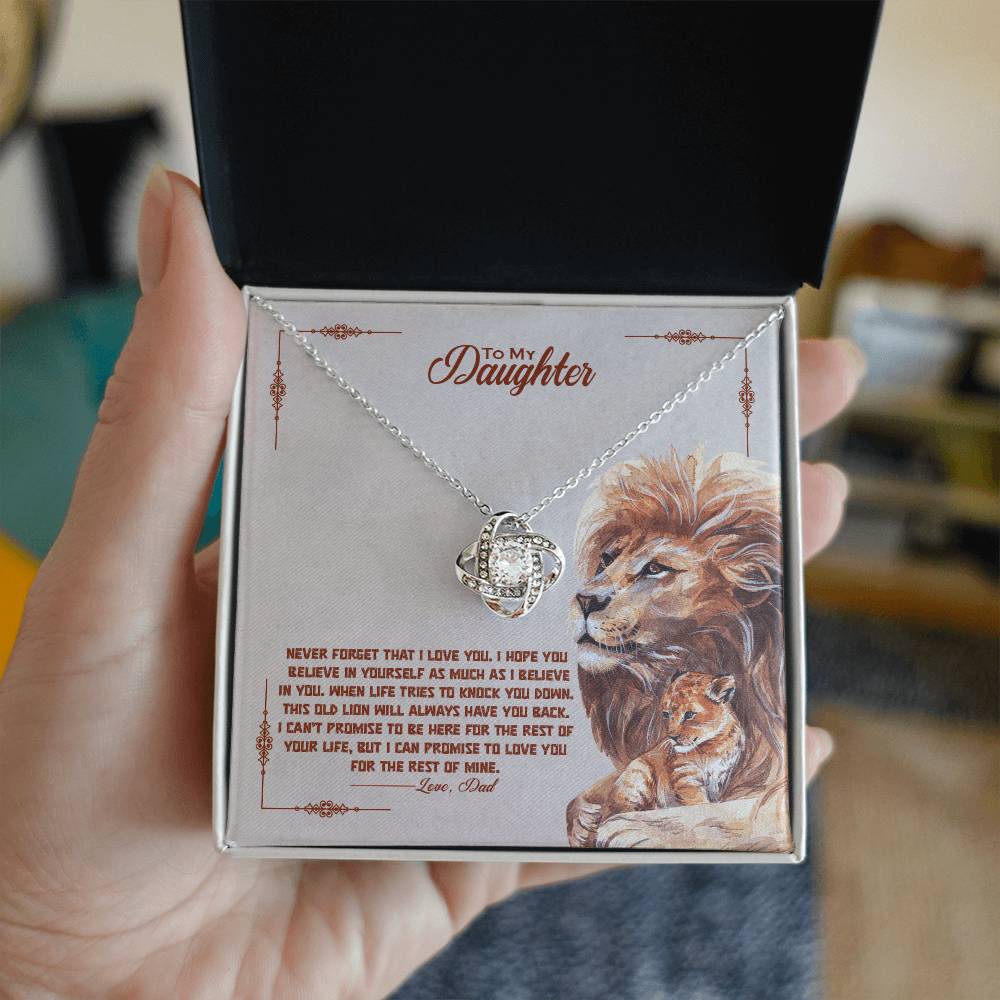 "Love Knot Necklace Gift For Daughter with lion illustration and heartfelt message in gift box"