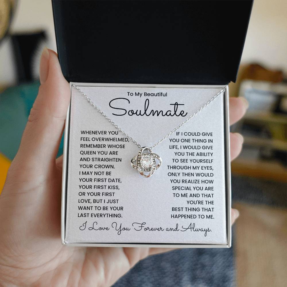 Love Knot Necklace for Soulmate with a heartfelt message about love and appreciation on a gift card.