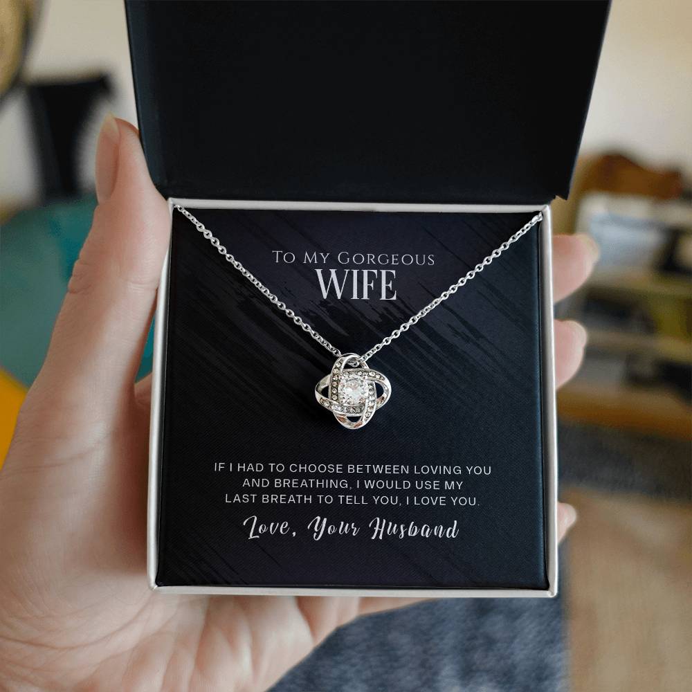 Love Knot Necklace in gift box with message "To My Gorgeous Wife" and "Love, Your Husband", featuring cubic zirconia crystals.