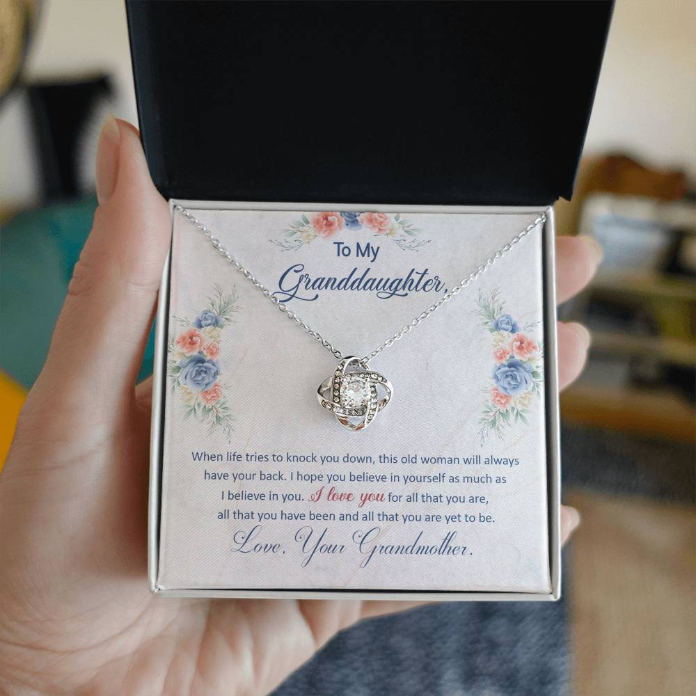 Love Knot Necklace Gift for Granddaughter with Heartfelt Message and Cubic Zirconia Pendant in Gift Box