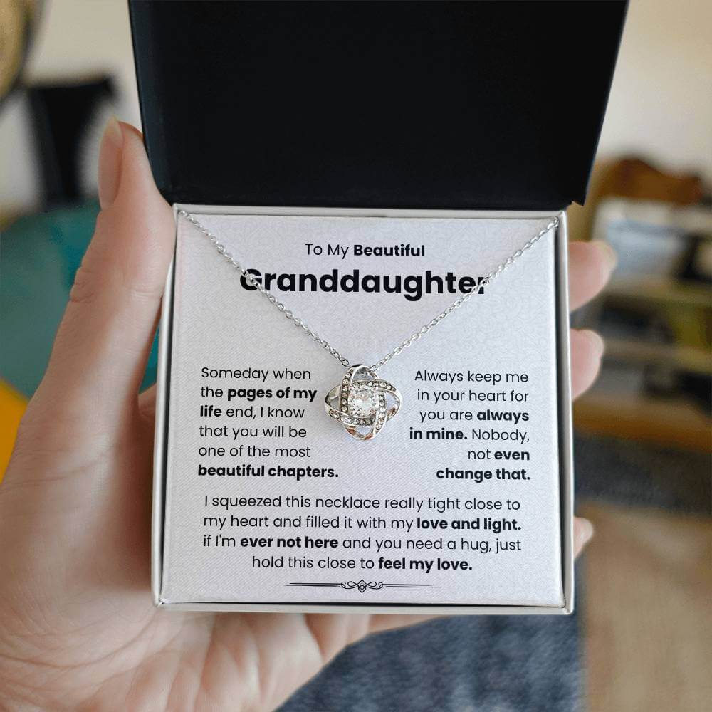 Love Knot Necklace for Granddaughter with heartfelt message in a gift box.