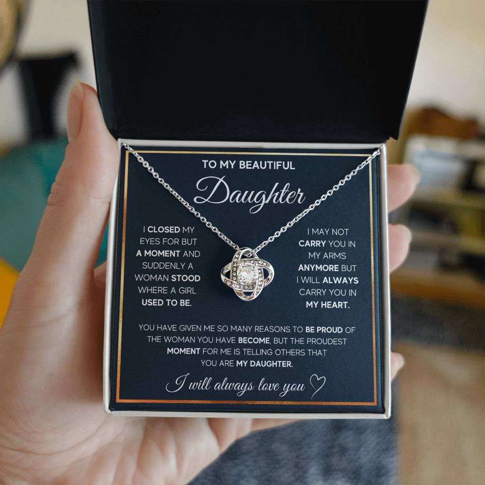 Love Knot Necklace with cubic zirconia for daughter, unbreakable bond, 14k white gold, heartfelt message in gift box