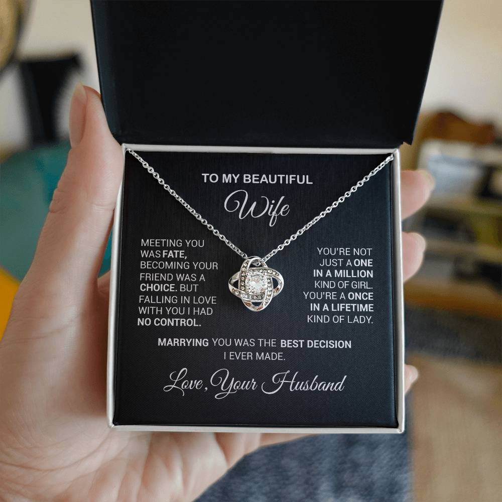 Love Knot Necklace gift box for wife with heartfelt message and cubic zirconia pendant on chain, perfect romantic gift.