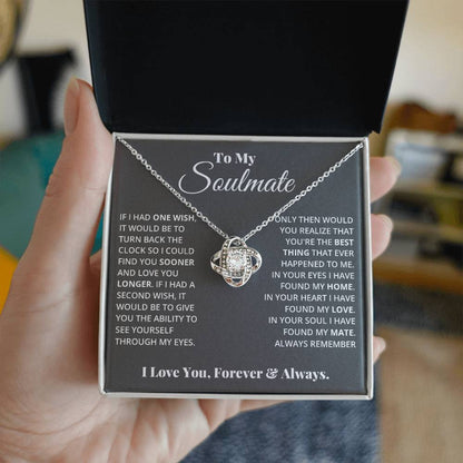 Love Knot Necklace with cubic zirconia, in gift box with romantic message to soulmate, perfect gift for loved one.