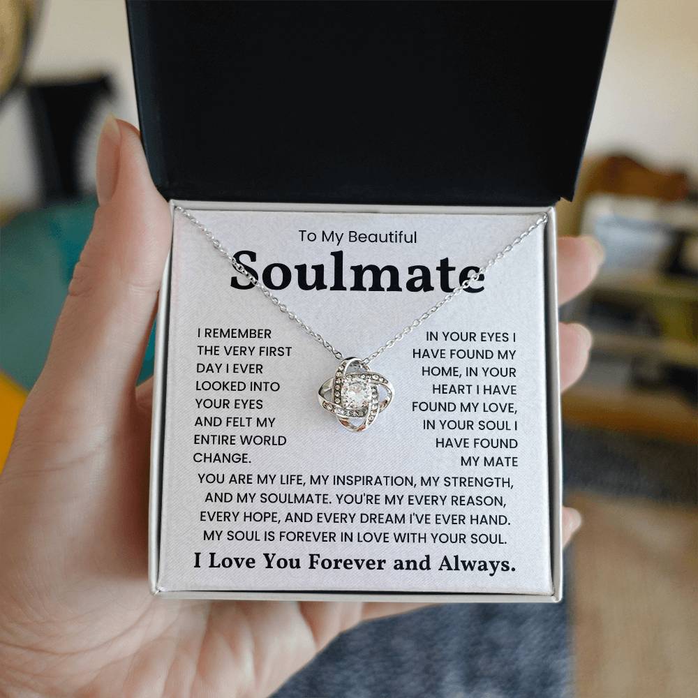 Love Knot Necklace with heartfelt message for soulmate in black and white gift box, expressing eternal love and connection