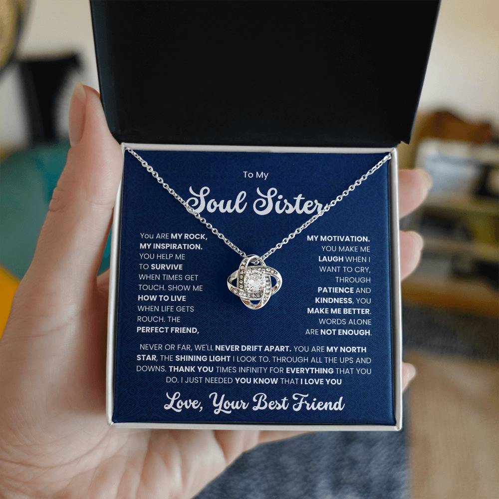 Love Knot Necklace for Soul Sister with heartfelt message in a gift box, expressing appreciation for support and making you laugh when you want to cry