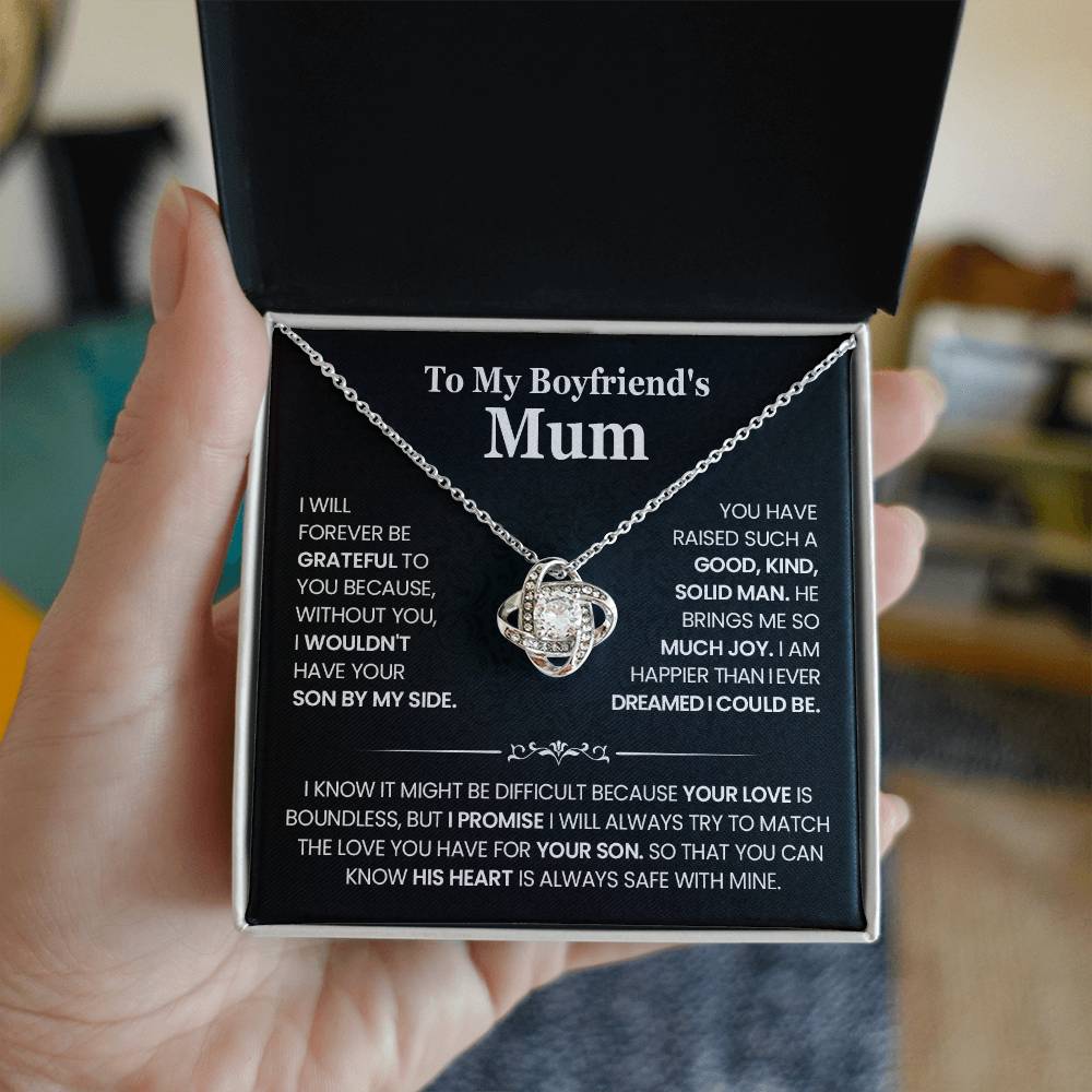 Love Knot Necklace gift for Boyfriend's Mum in elegant box with heartfelt message, showcasing appreciation and bond.