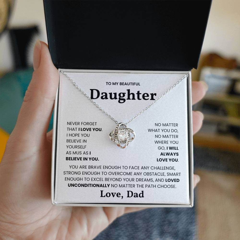 Love Knot Necklace Gift from Dad to Daughter with Inspirational Message - Never Forget That I Love You