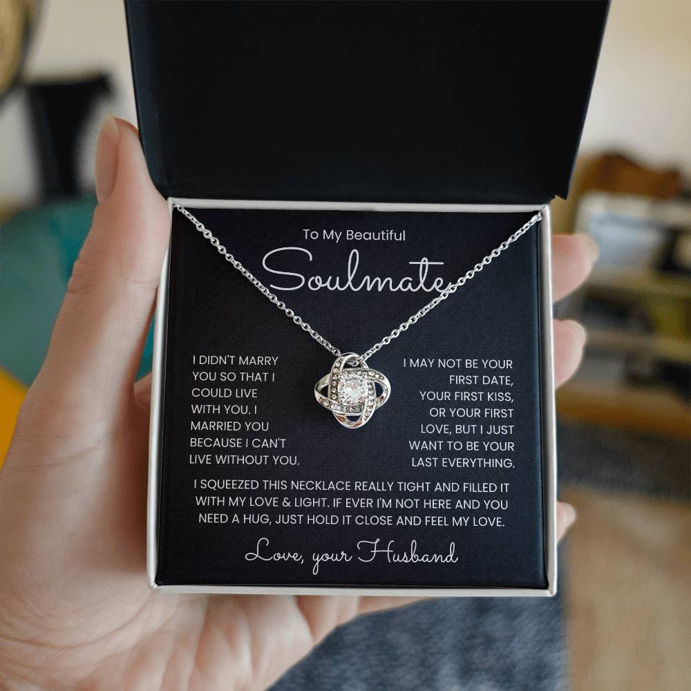 Love Knot Necklace in gift box with heartfelt message to soulmate - "I can't live without you" – perfect gift for expressing deep love and connection.