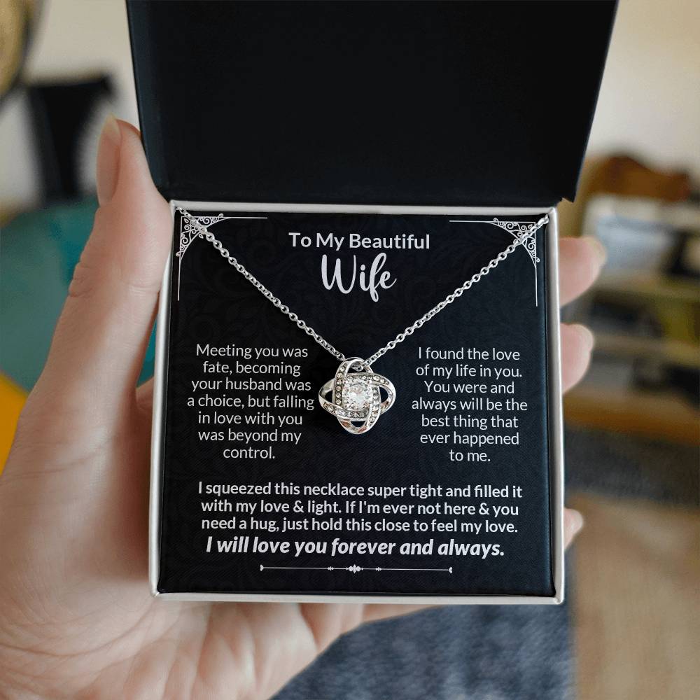 Love Knot Necklace gift for wife with message card, featuring cubic zirconia and options of 14k white or 18k yellow gold plating.