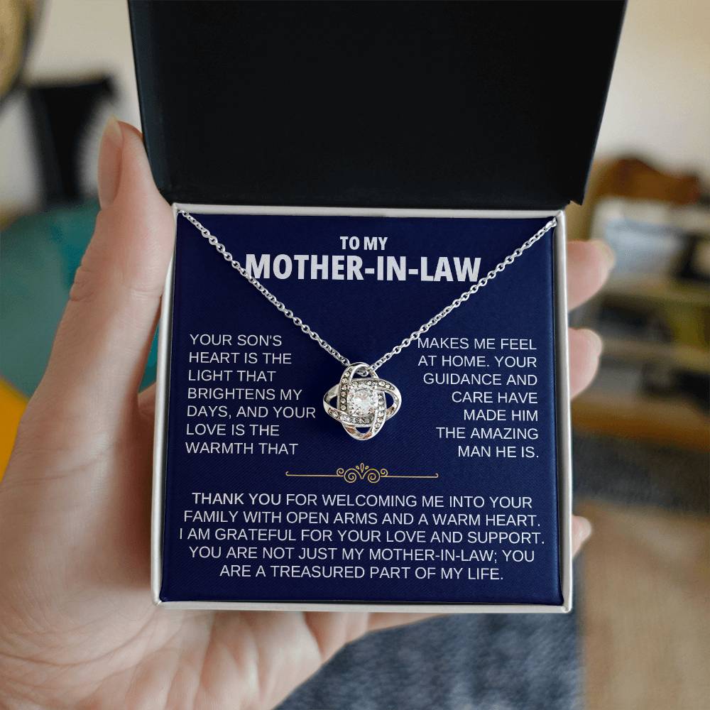 To My Mother-In-Law Love Knot Necklace in box with heartfelt message, symbolizing love and appreciation.