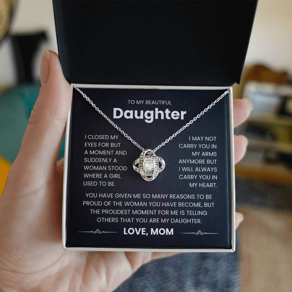 Love Knot Necklace Gift for Daughter from Mom with Heartfelt Message