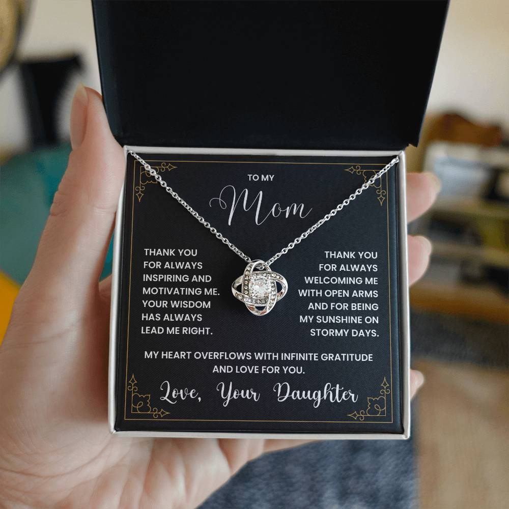 Love Knot Necklace gift in box with heartfelt message to mom, expressing gratitude and love from daughter