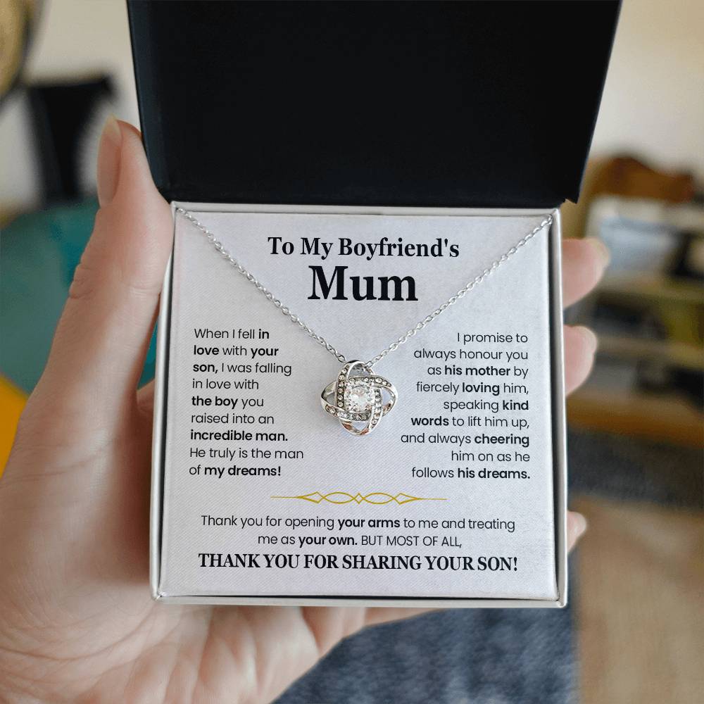 Love Knot Necklace gift for Boyfriend's Mum in elegant packaging with heartfelt message. Sparkling cubic zirconia pendant.