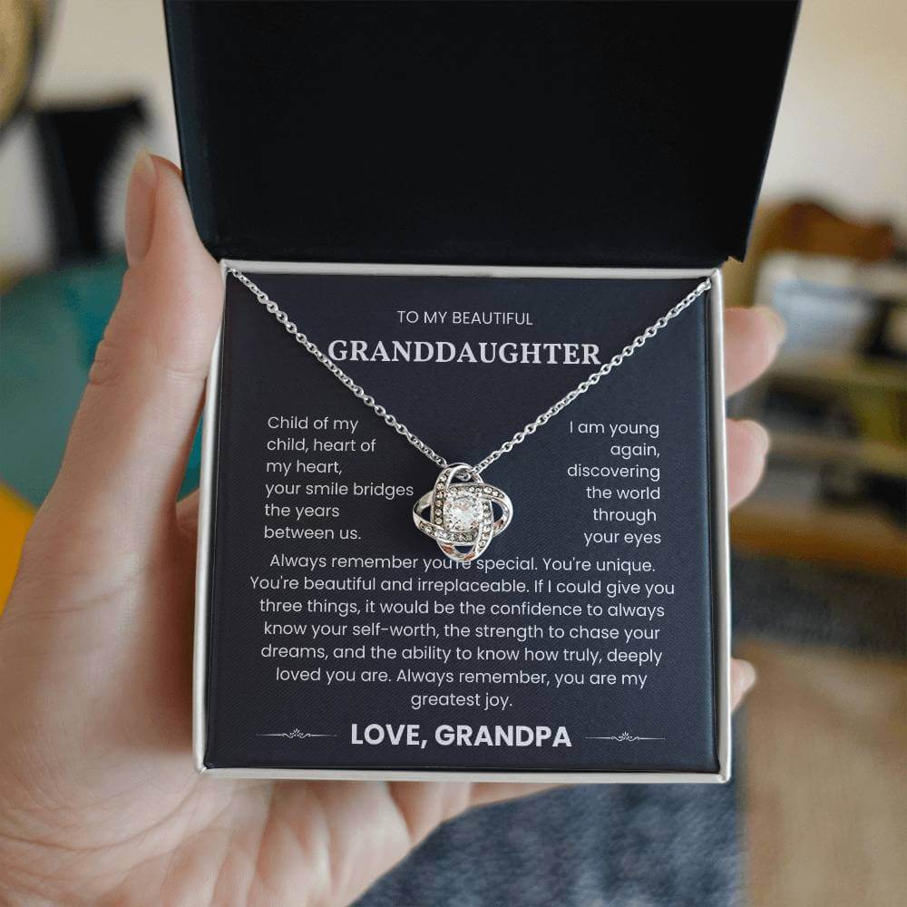 Love Knot Necklace with heartfelt message for Granddaughter from Grandpa, in gift box with sentimental quote about love and self-worth.