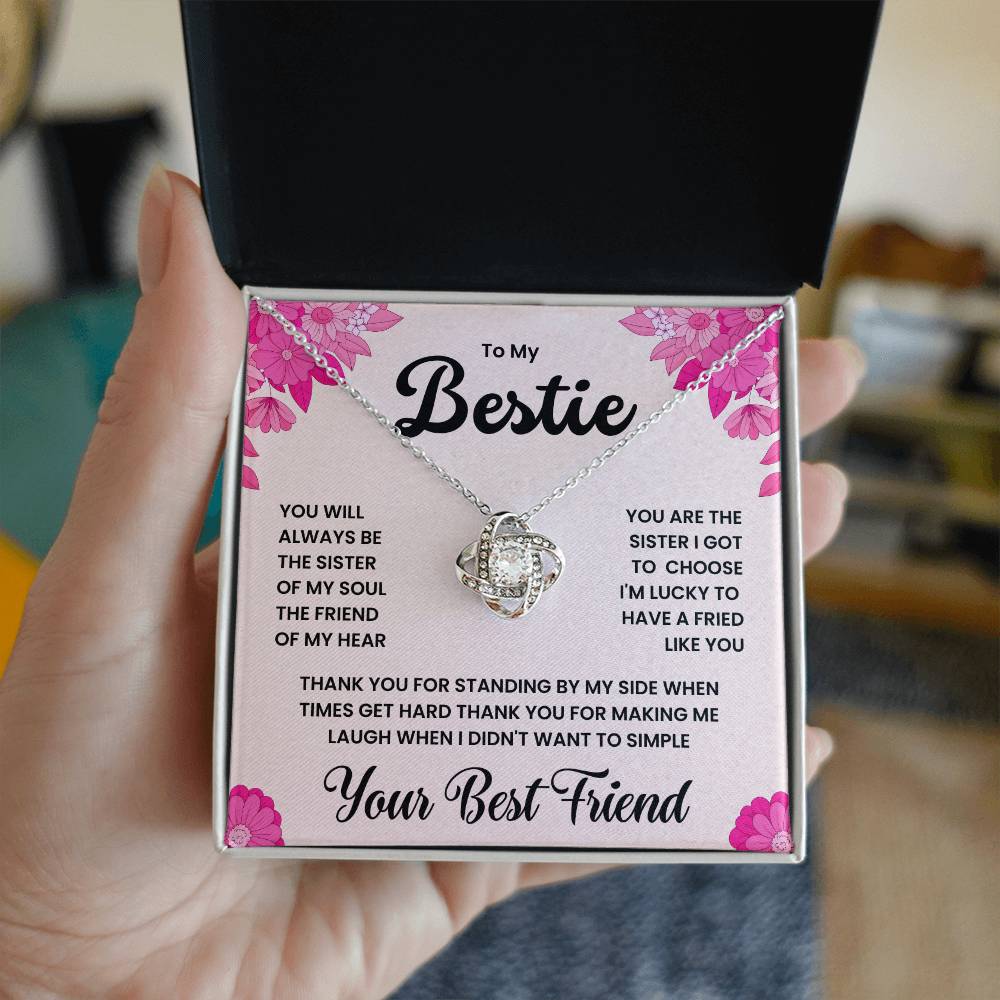 Love Knot Necklace gift for best friend with heartfelt message "To My Bestie - You Will Always Be the Sister of My Soul" in gift box