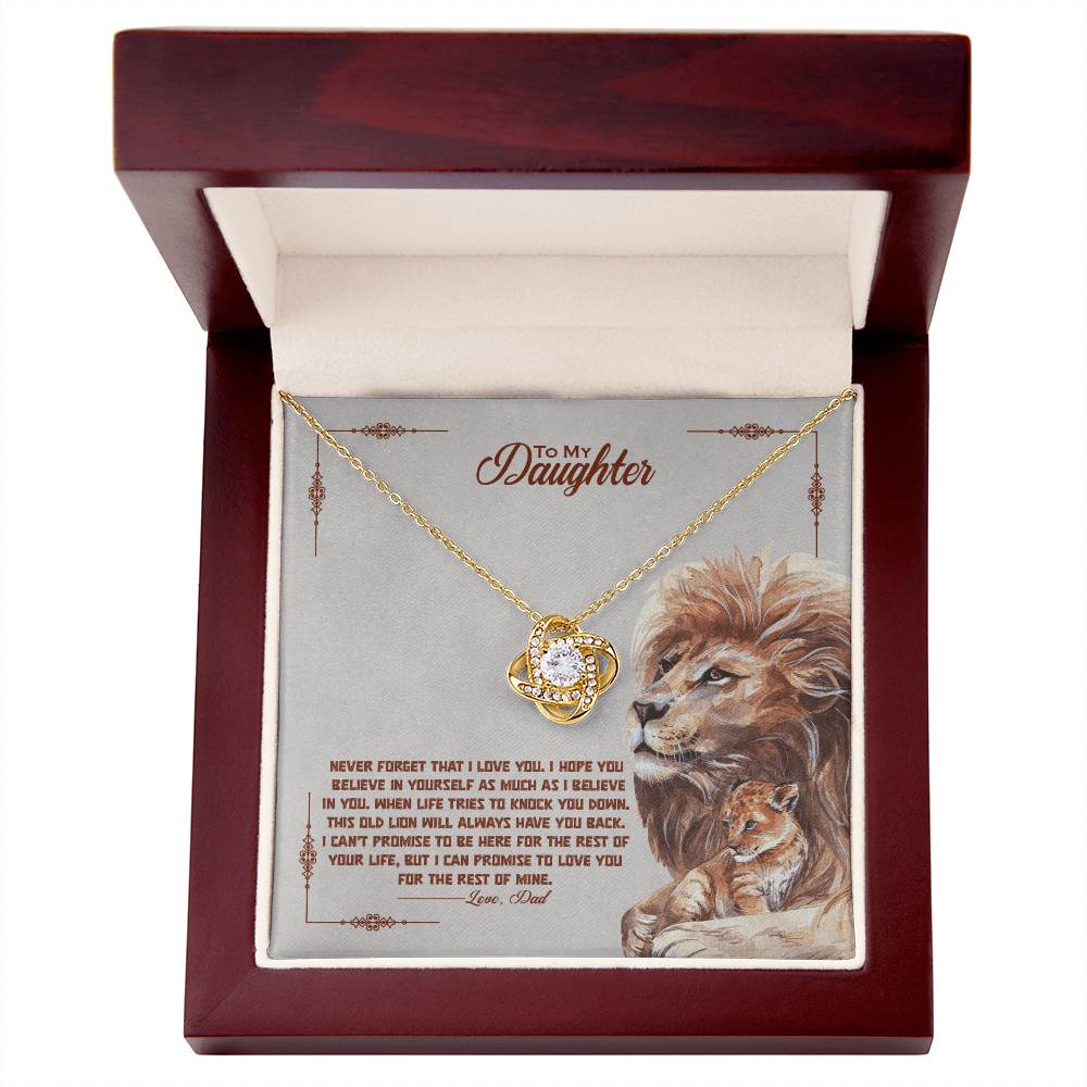 Love Knot Necklace Gift For Daughter in Wooden Box with Lion Illustration and Heartfelt Message.