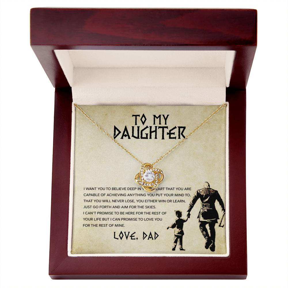 Love Knot Necklace with cubic zirconia in a gift box reading 'To My Daughter, Love Dad' message.