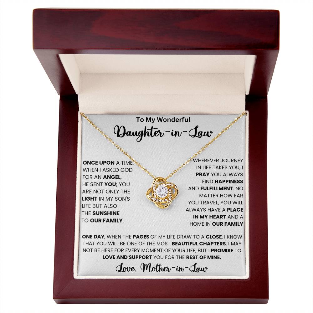 Love Knot Necklace Gift for Daughter-in-Law with Quote from Mother-in-Law in Jewelry Box