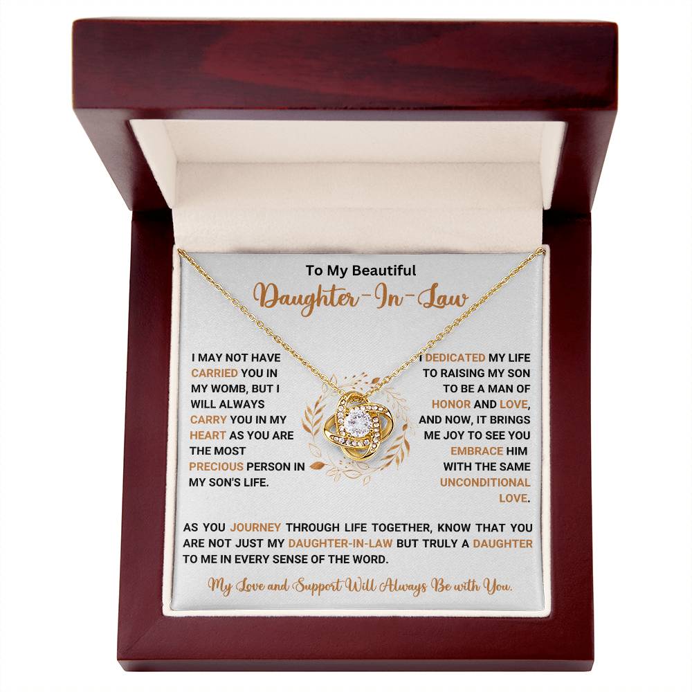 To My Beautiful Daughter-In-Law Love Knot Necklace in a Wooden Gift Box with Sentimental Message for Daughter-In-Law