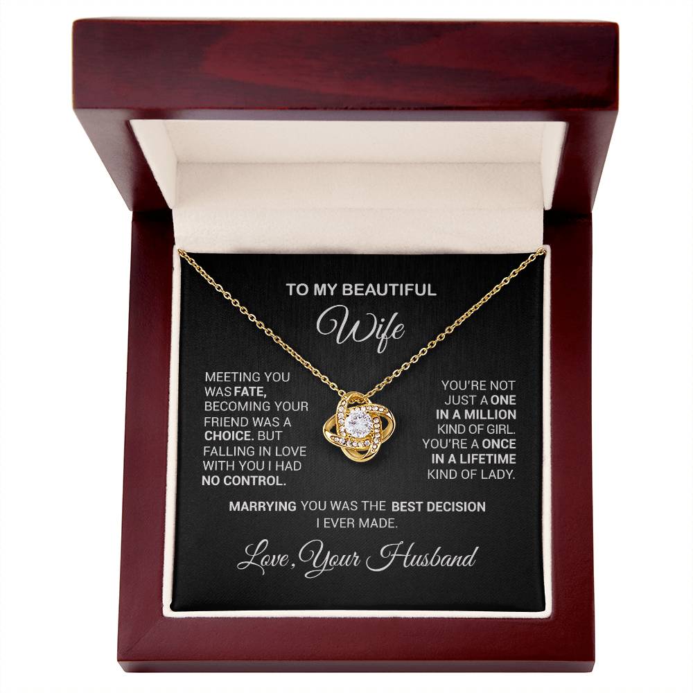 Love Knot Necklace in gift box with romantic message, perfect for wife. 18k gold, cubic zirconia. Ideal anniversary or special occasion present.