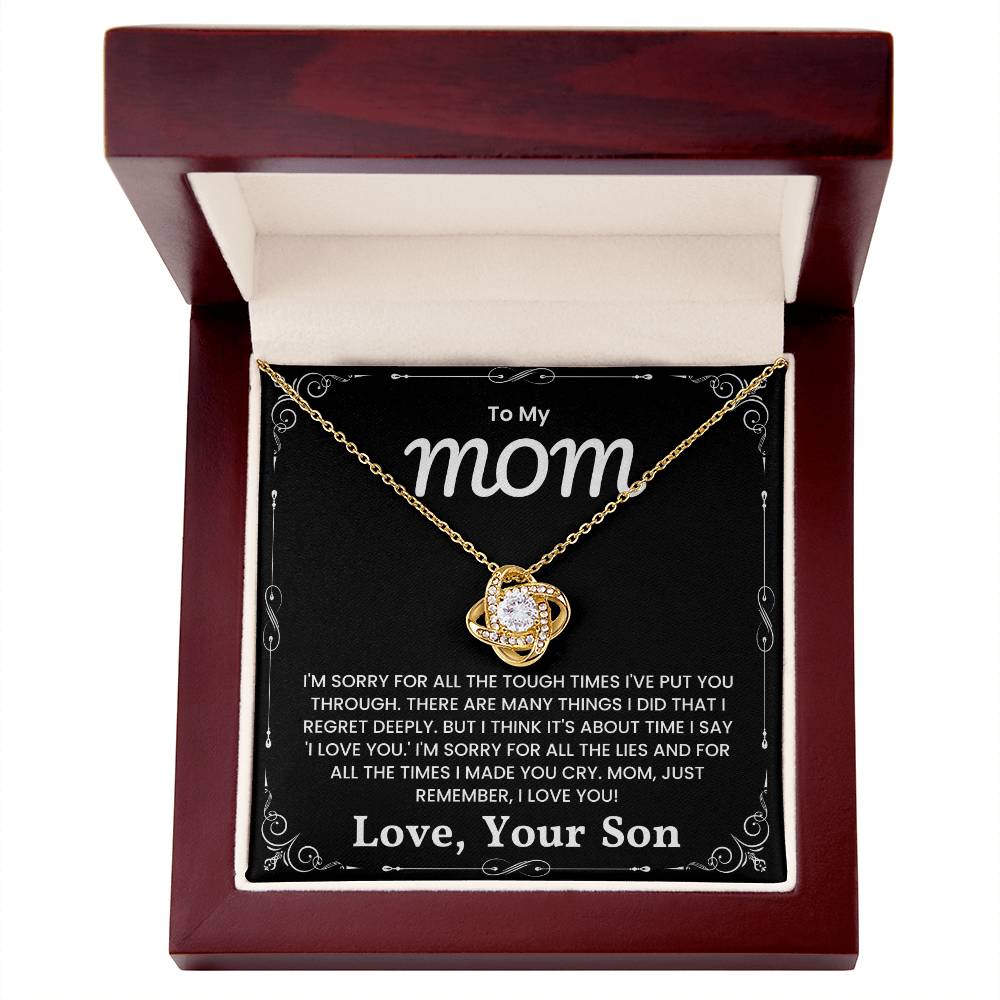 "To My Mom - I Love You Love Knot Necklace in gift box with heartfelt message from son, symbolizing an unbreakable bond and love."